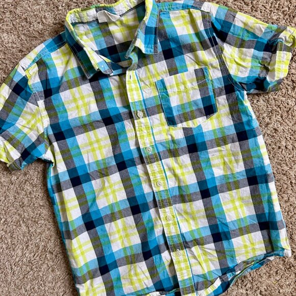 Boys' Blue & Neon Green Plaid Button Down I Size M I Crazy 8 - Picture 2 of 5